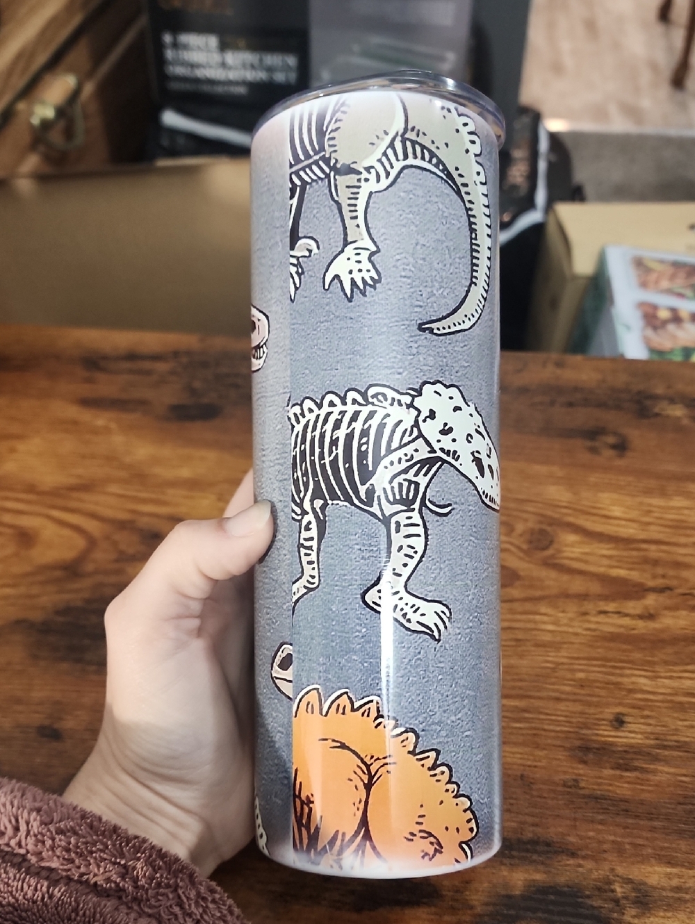 Insulated Gray Dinosaur Skeleton Travel Tumbler 20 Oz Comes With Straw FP